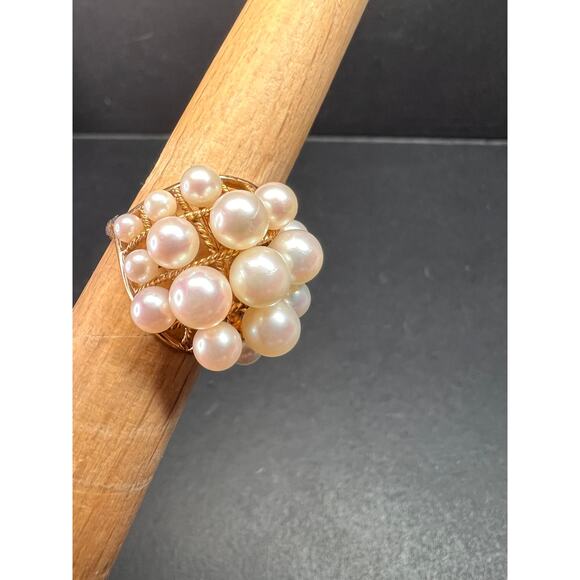 Vintage 14K Gold Cluster Pearl Cocktail Ring – Mid Century Dome Design- size 6 - Picture 12 of 16